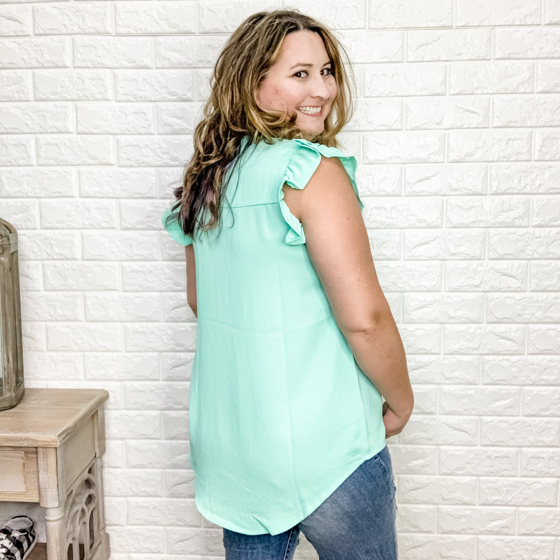 "Tiana" Split Neck Ruffle Shoulder (Multiple Colors)