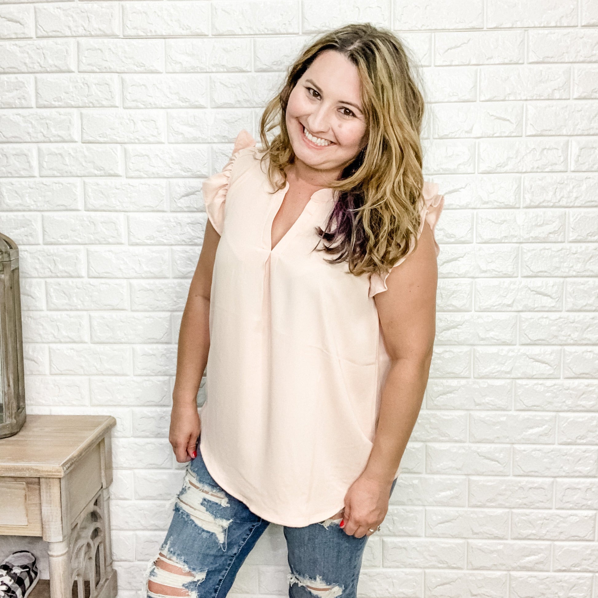 "Tiana" Split Neck Ruffle Shoulder (Multiple Colors)