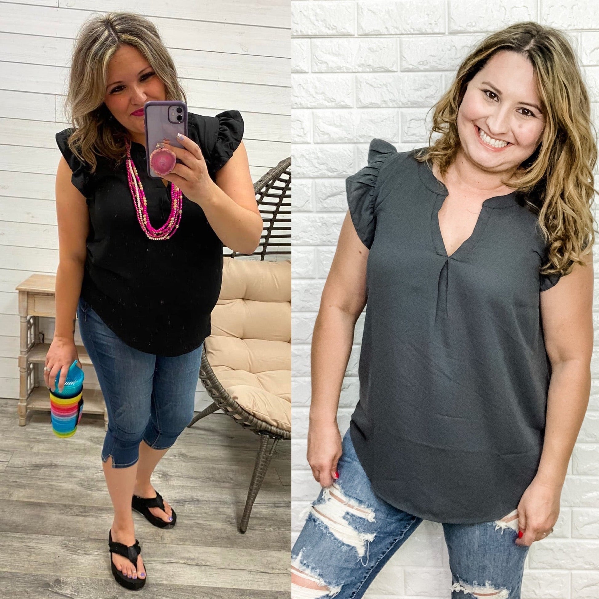 "Tiana" Split Neck Ruffle Shoulder (Multiple Colors)