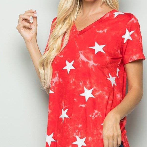 Tie Dye V Neck Stars Tee-Lola Monroe Boutique