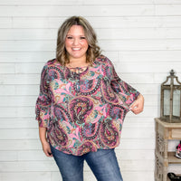 "Timeless" Paisley V-Neck with Ruffle Sleeve and Front Tie Detail-Lola Monroe Boutique
