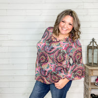 "Timeless" Paisley V-Neck with Ruffle Sleeve and Front Tie Detail-Lola Monroe Boutique