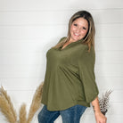 "Timeline" 3/4 Sleeve Split Neck (Olive)-Lola Monroe Boutique