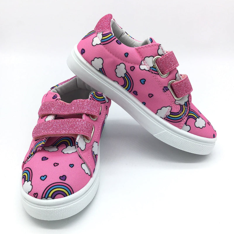 Toddlers / Kids Pink Rainbow and Clouds Velcro Low Top Sneakers-Lola Monroe Boutique