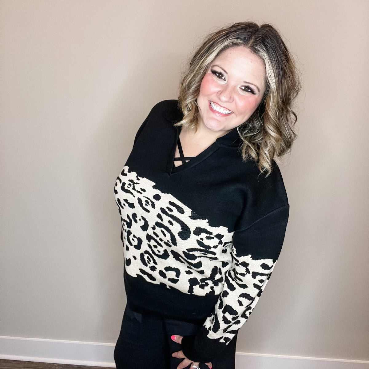 "Top Notch" Animal Print Long Sleeve Collared Sweater-Lola Monroe Boutique