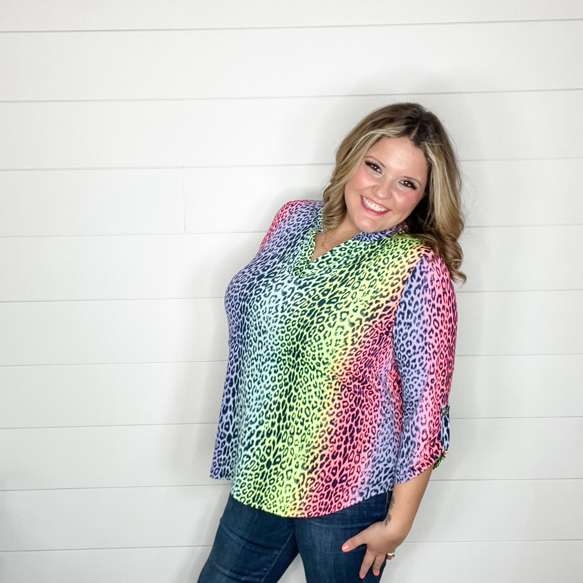 "Top That" Animal Print Lizzy 3/4 Sleeve Split Neck Tops