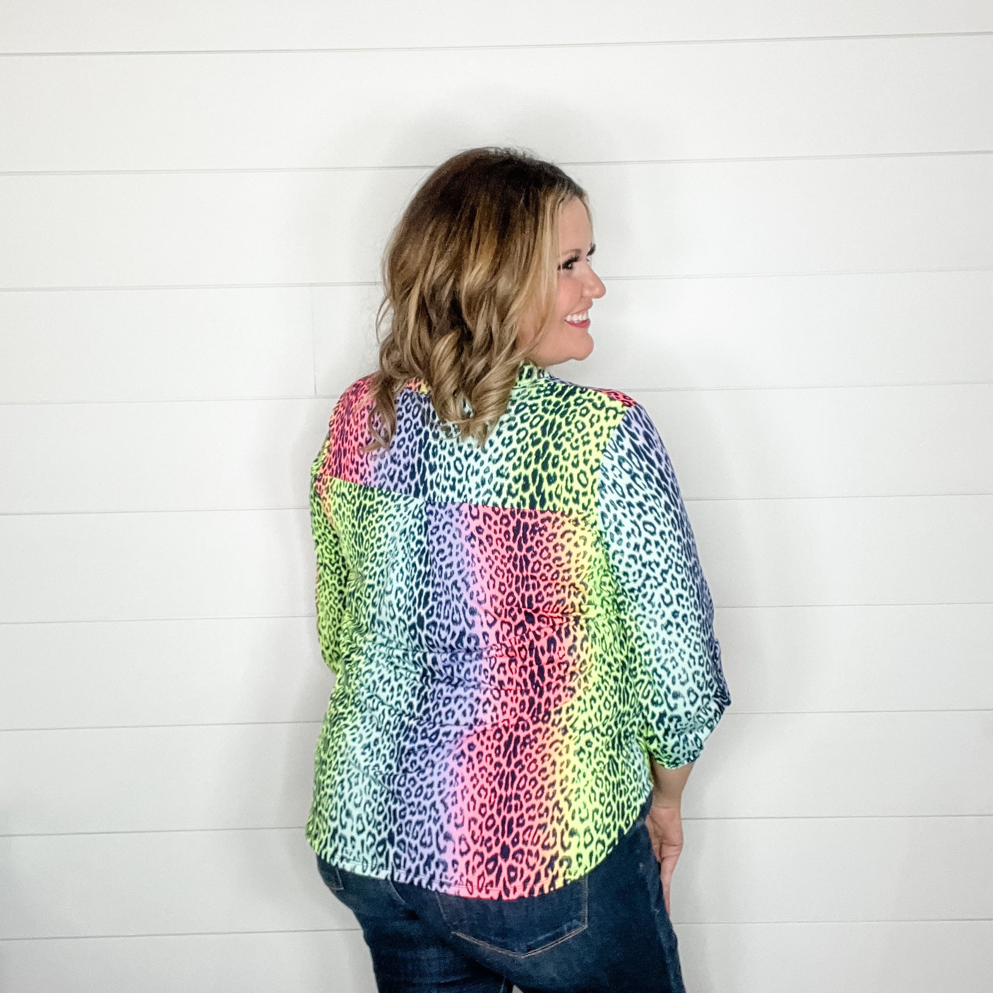 "Top That" Animal Print Lizzy 3/4 Sleeve Split Neck Tops