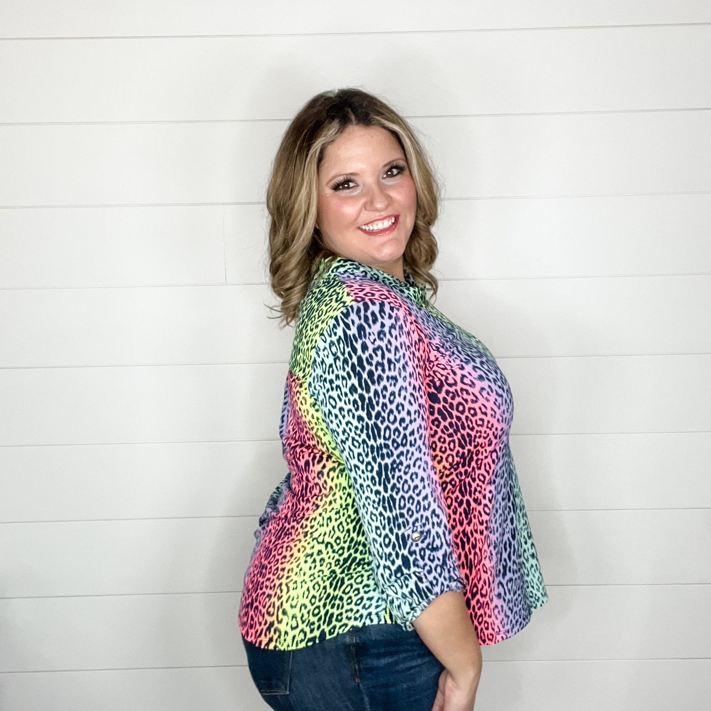 "Top That" Animal Print Lizzy 3/4 Sleeve Split Neck Tops