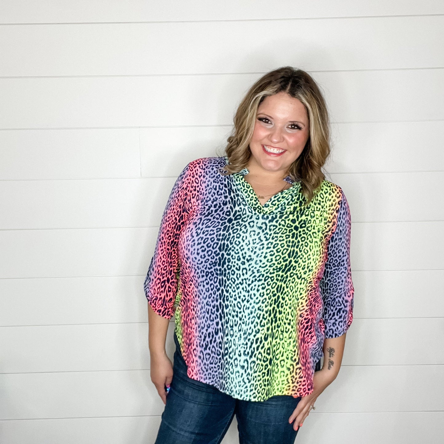 "Top That" Animal Print Lizzy 3/4 Sleeve Split Neck Tops