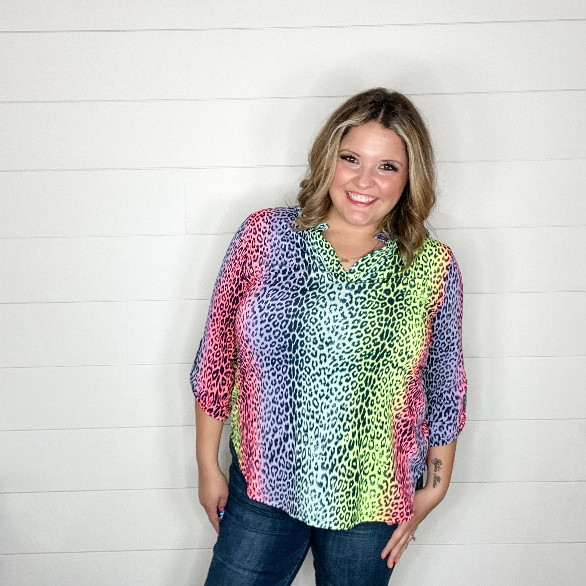 "Top That" Animal Print Lizzy 3/4 Sleeve Split Neck Tops