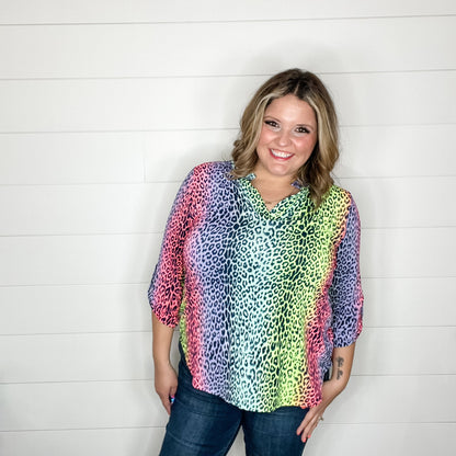 "Top That" Animal Print Lizzy 3/4 Sleeve Split Neck Tops