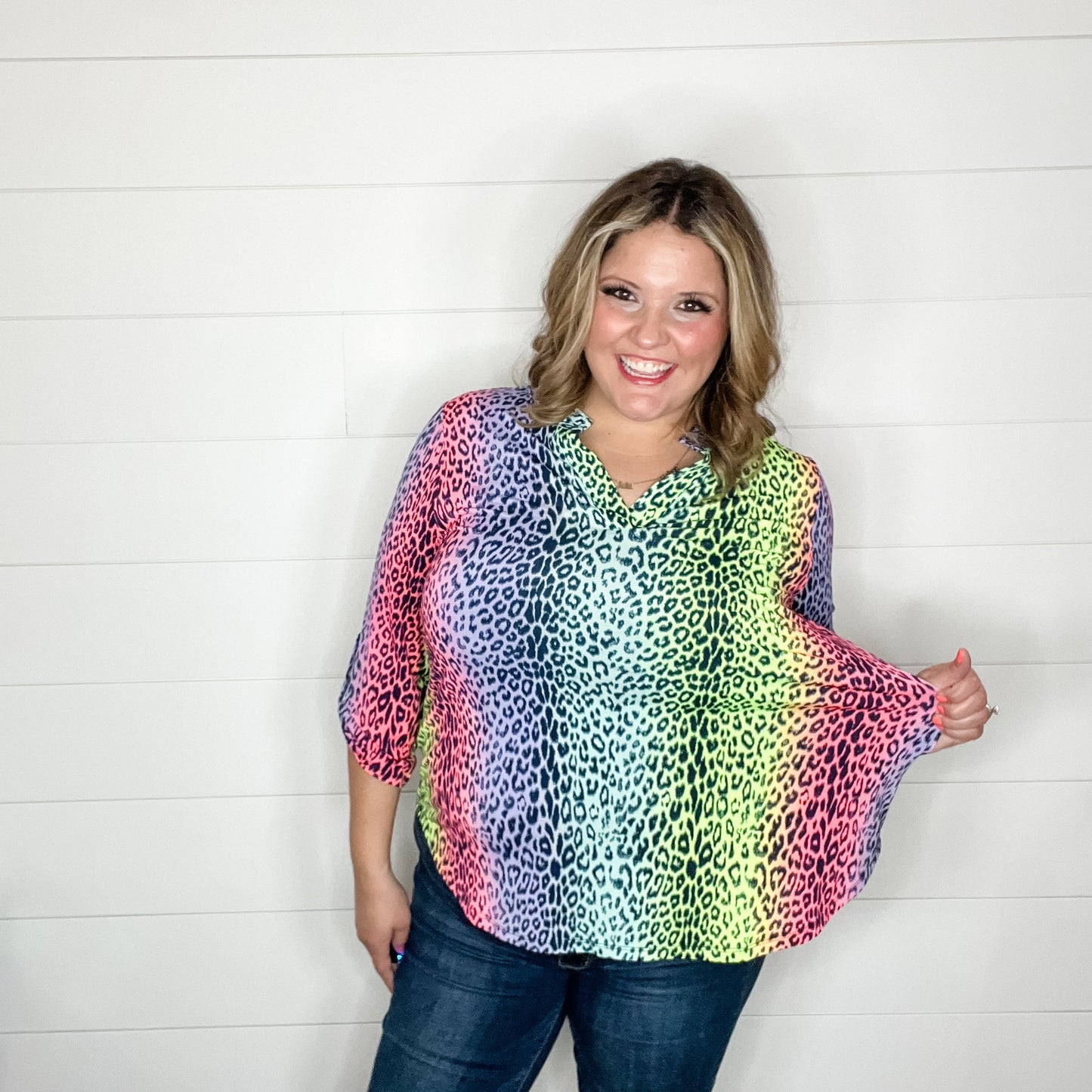 "Top That" Animal Print Lizzy 3/4 Sleeve Split Neck Tops
