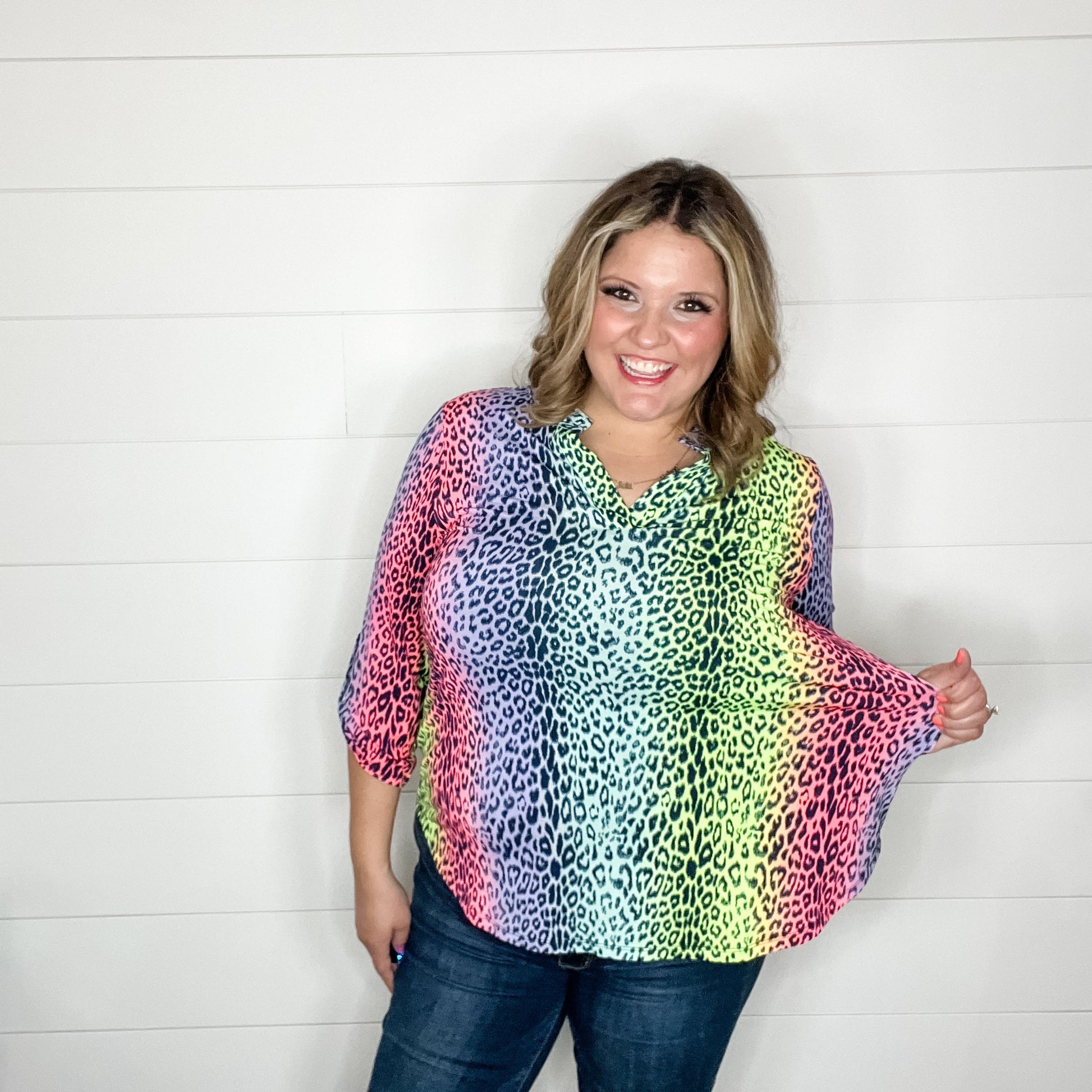 "Top That" Animal Print Lizzy 3/4 Sleeve Split Neck Tops