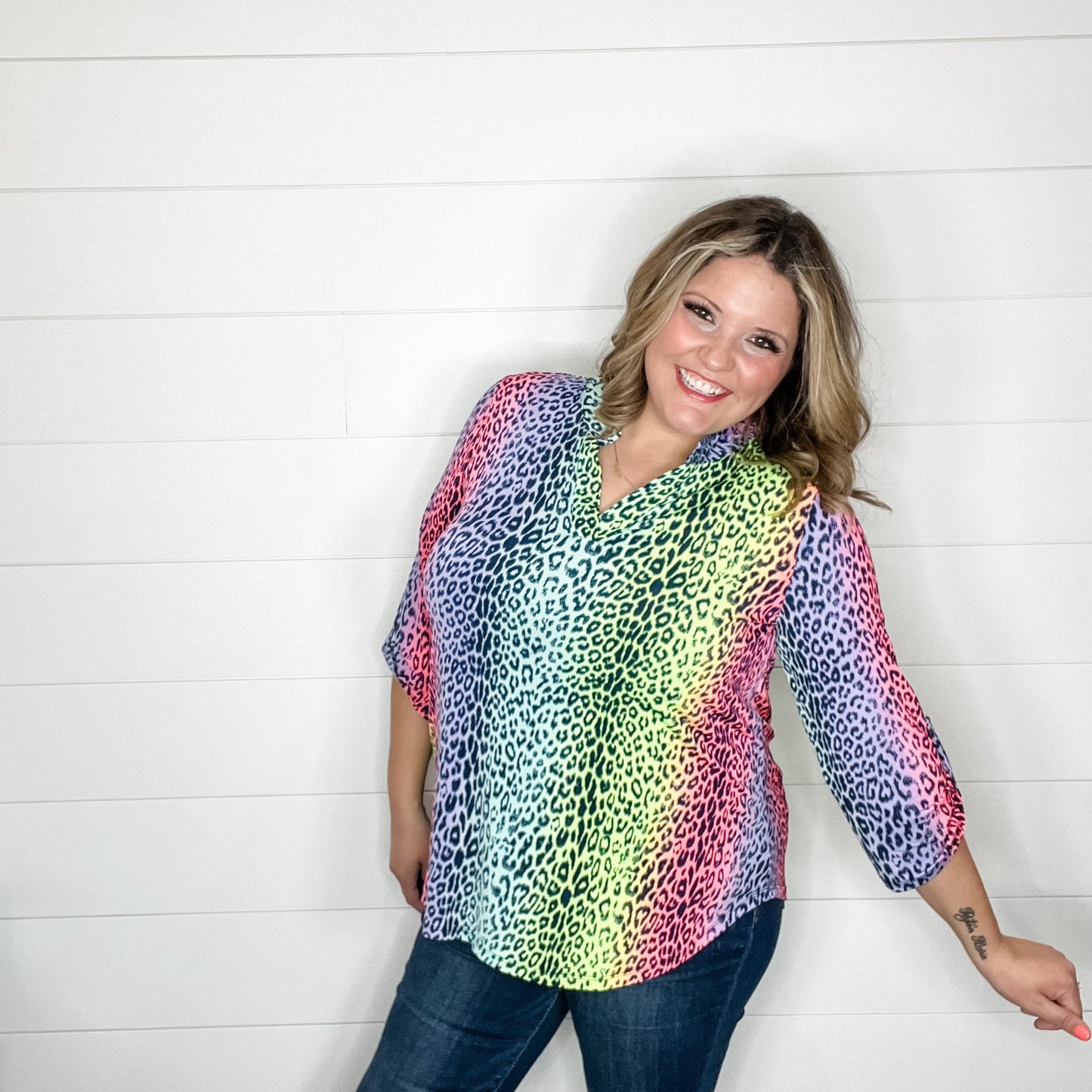 "Top That" Animal Print Lizzy 3/4 Sleeve Split Neck Tops