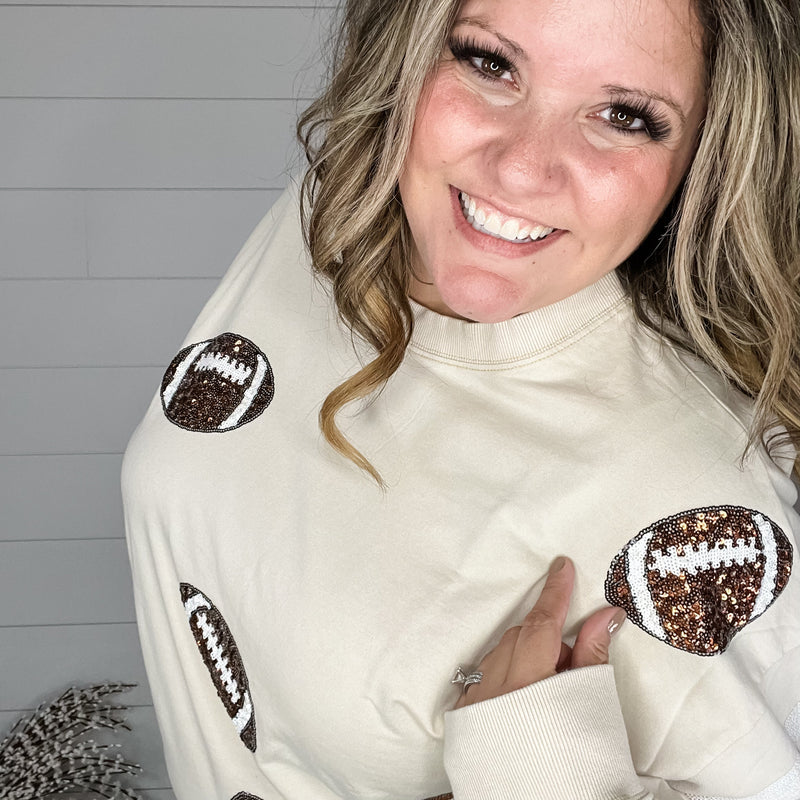 "Touchdown" Football Sequinned Crew Neck (Ecru)