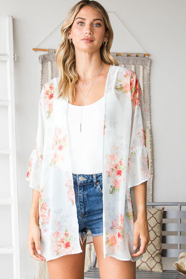 "Tranquility" Floral Ruffle Sleeve Kimono-Lola Monroe Boutique