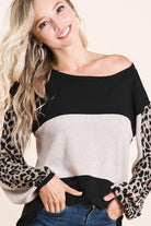 "Tricia" Color Block with Animal Accent Long Sleeve (Black)-Lola Monroe Boutique