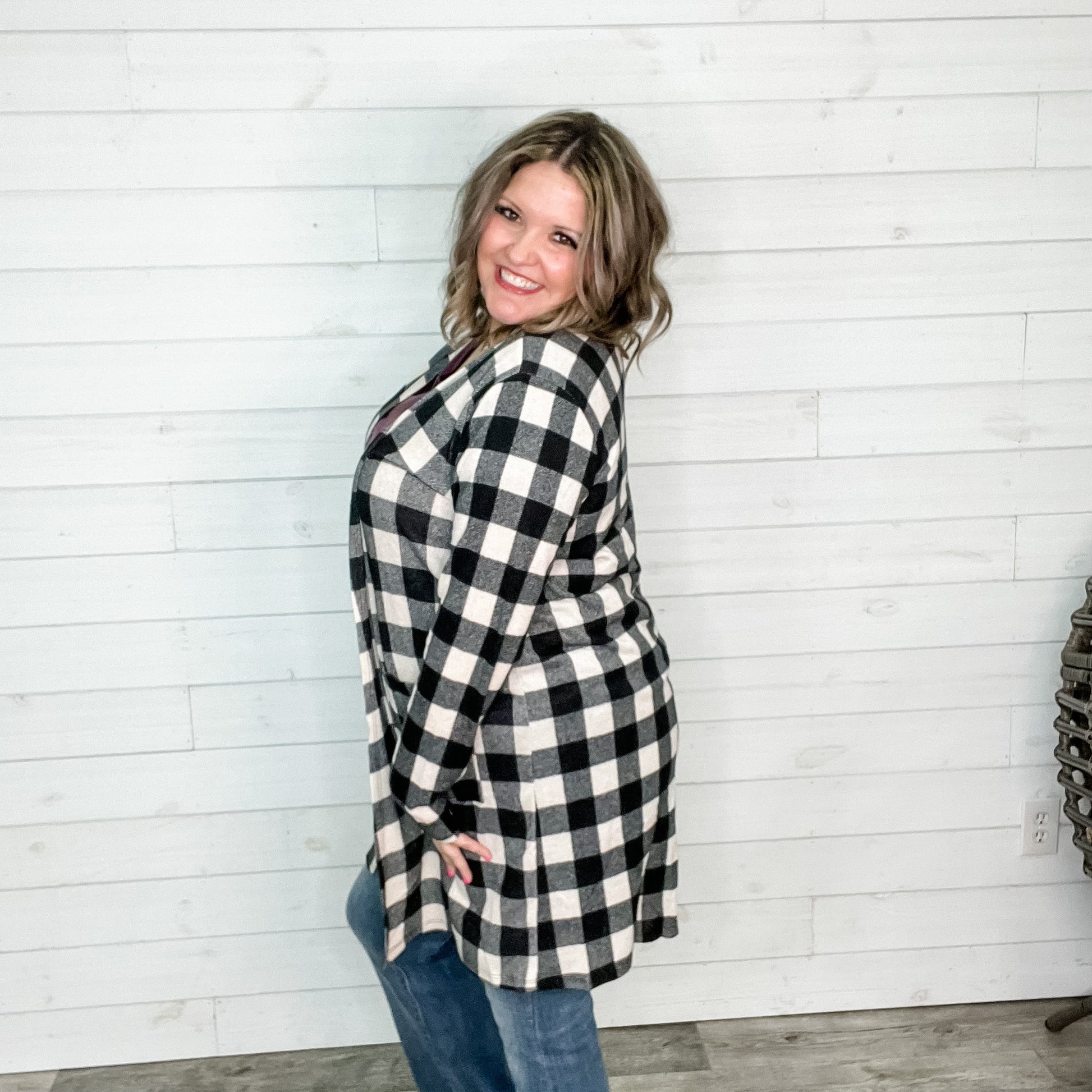 "Tried and True" Long Sleeve Checkered Cardigan (Black)