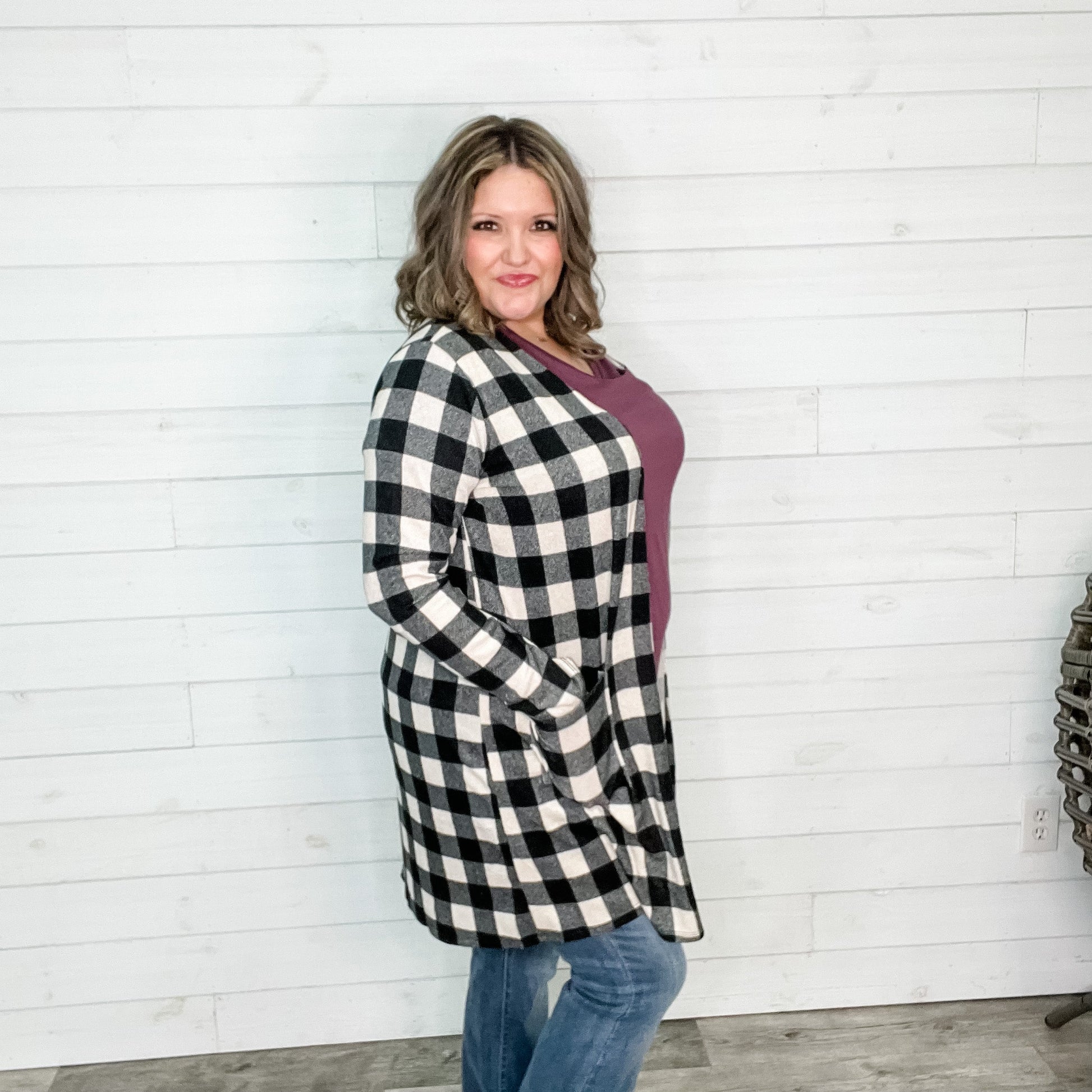 "Tried and True" Long Sleeve Checkered Cardigan (Black)