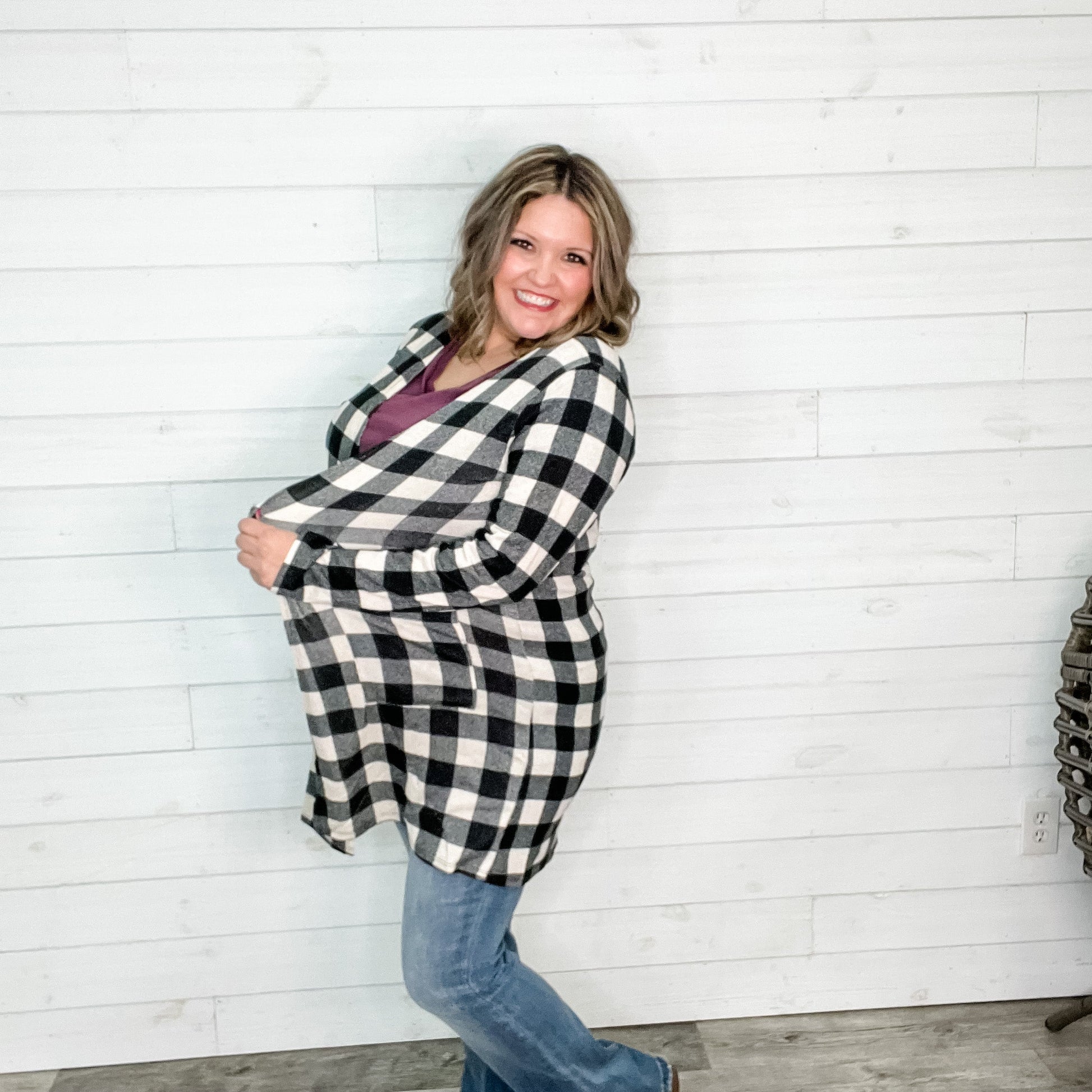 "Tried and True" Long Sleeve Checkered Cardigan (Black)