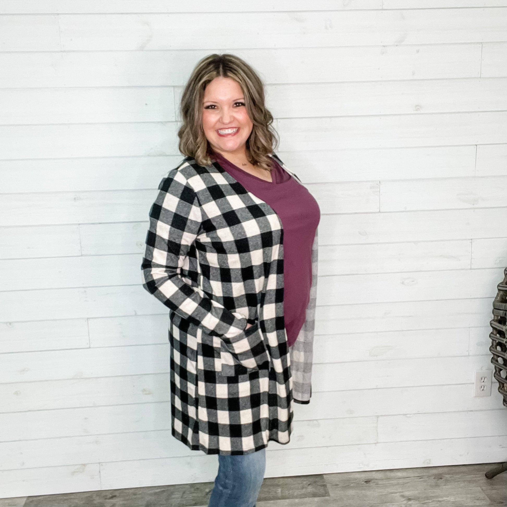 "Tried and True" Long Sleeve Checkered Cardigan (Black)