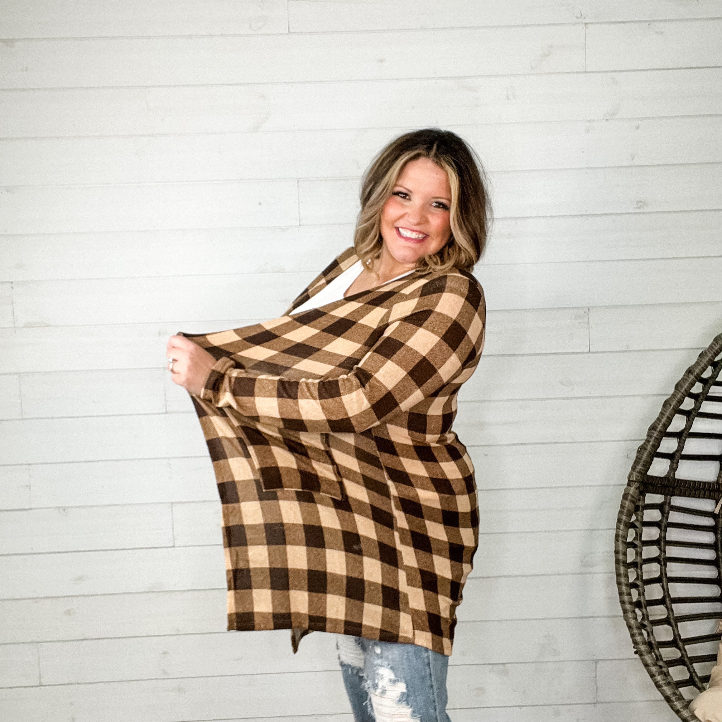 "Tried and True" Long Sleeve Checkered Cardigan (Brown)-Lola Monroe Boutique