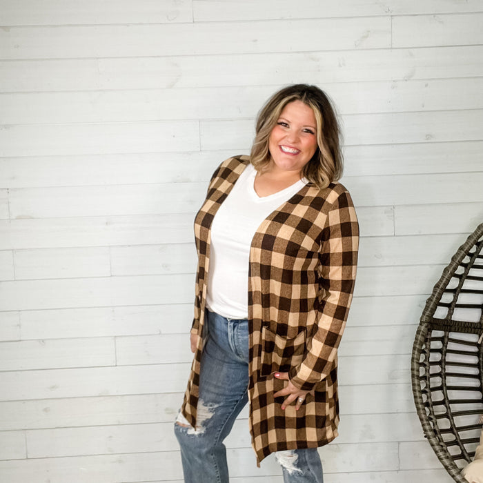 "Tried and True" Long Sleeve Checkered Cardigan (Brown)-Lola Monroe Boutique
