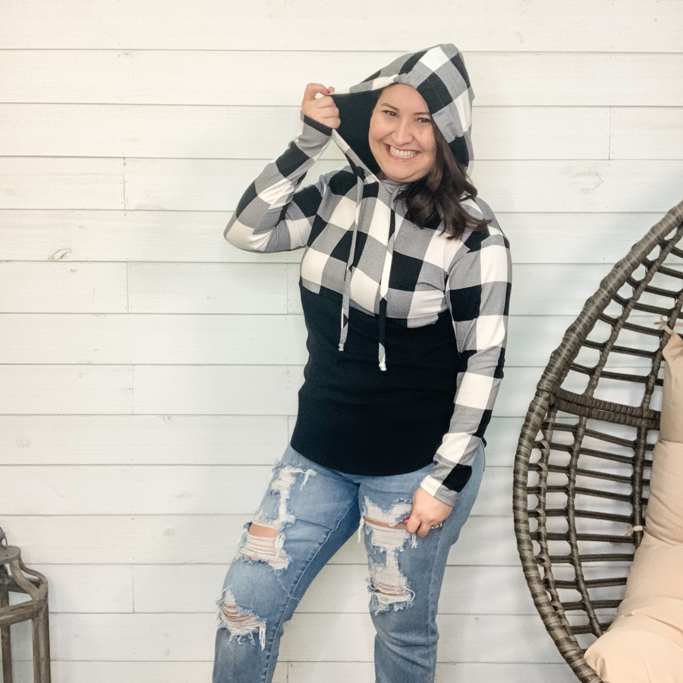 "Tulsa" Black and White Plaid Hoodie-Lola Monroe Boutique