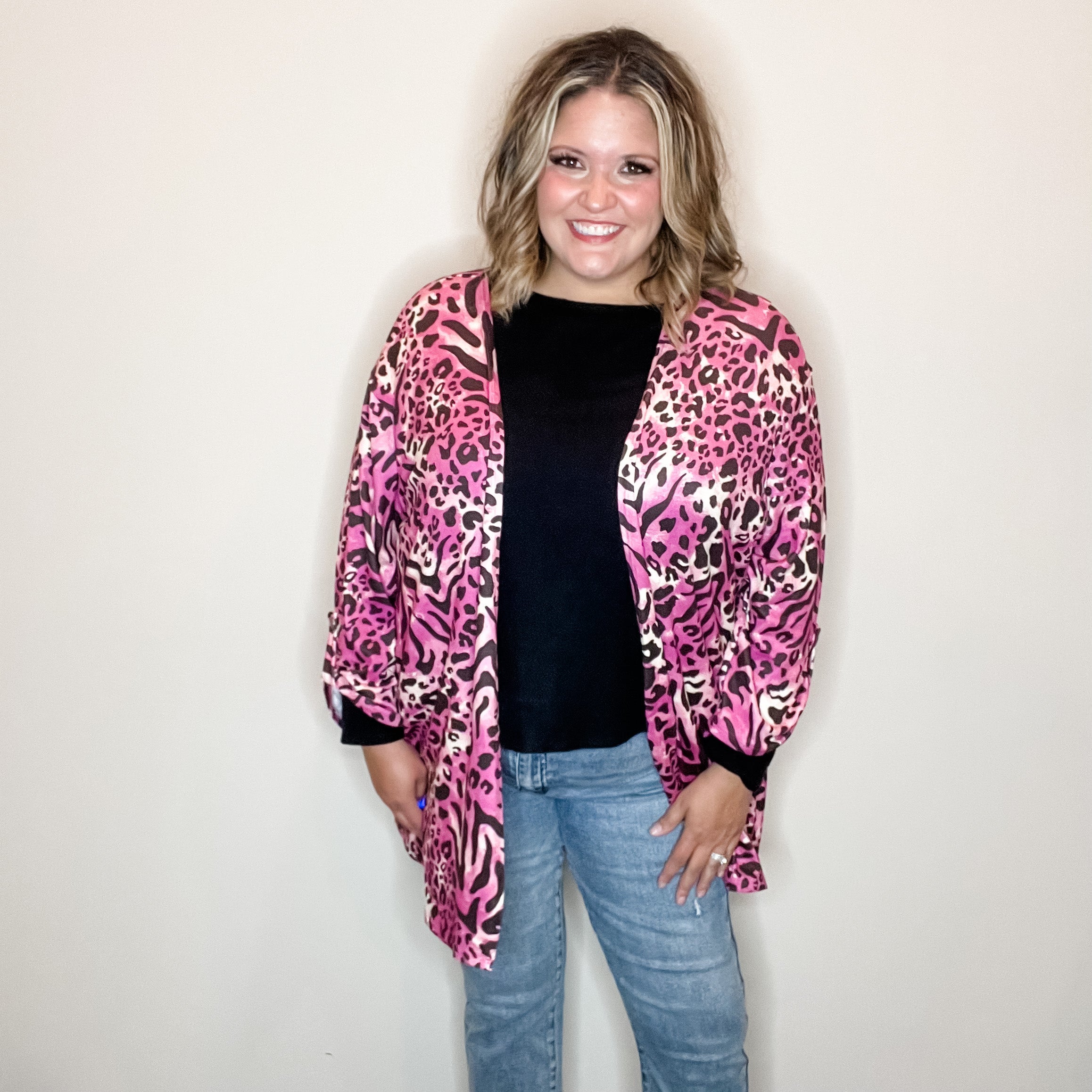 "Turntable" Animal Print Cardigan with 3/4 Sleeve Button Detail-Lola Monroe Boutique