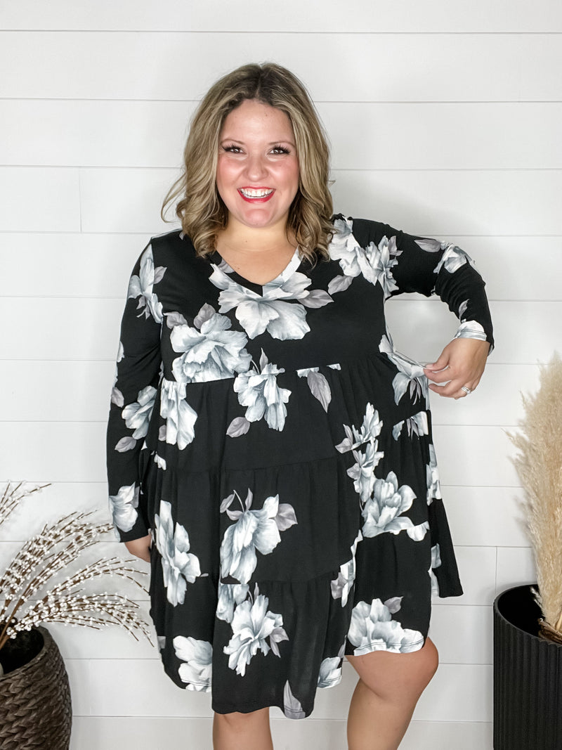 "Underground" Floral Long Sleeve Tiered Dress-Lola Monroe Boutique