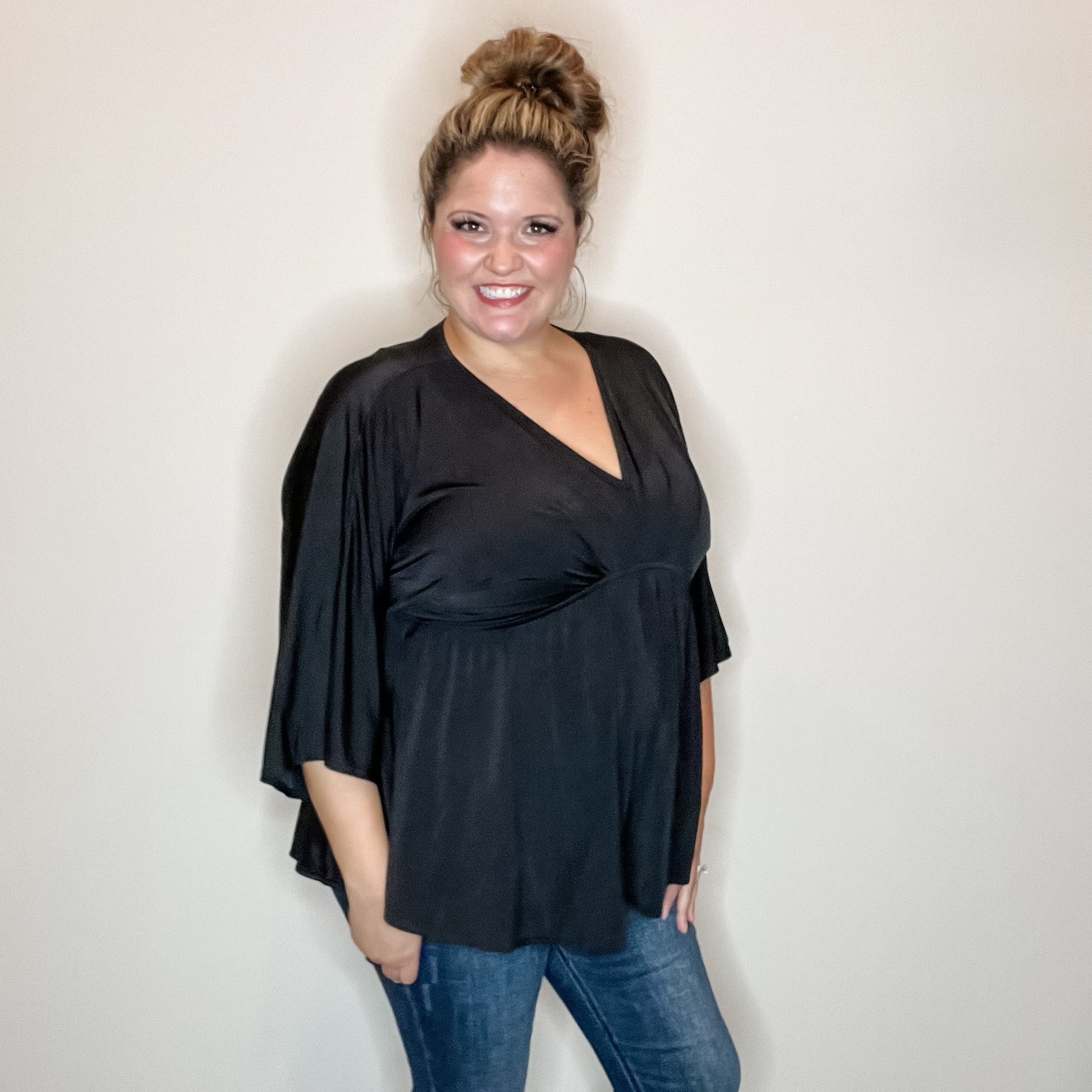 "Undertaking" 3/4 Sleeve V Neck with Elastic Empire Waist (Black)