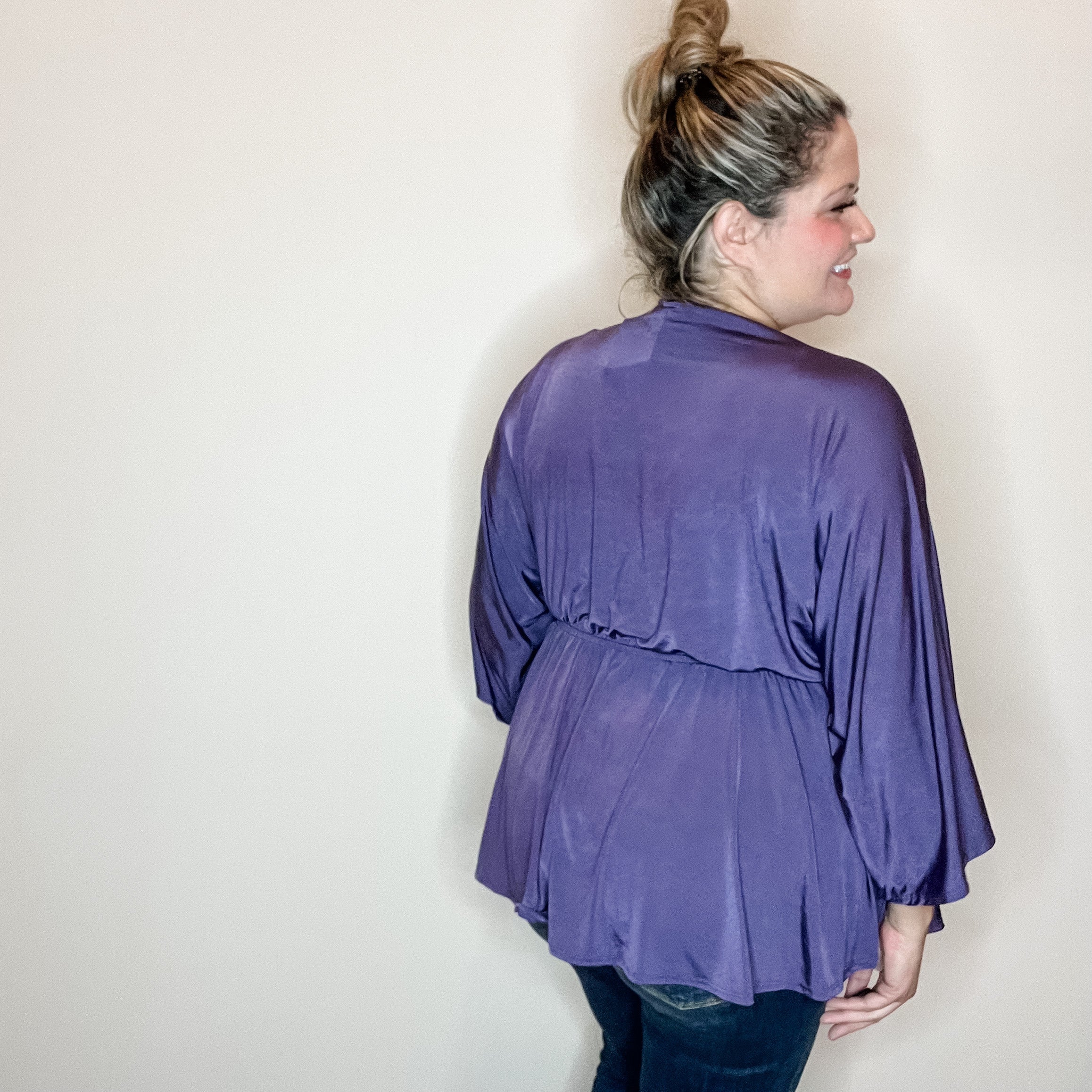 "Undertaking" 3/4 Sleeve V Neck with Elastic Empire Waist (Eggplant)-Lola Monroe Boutique