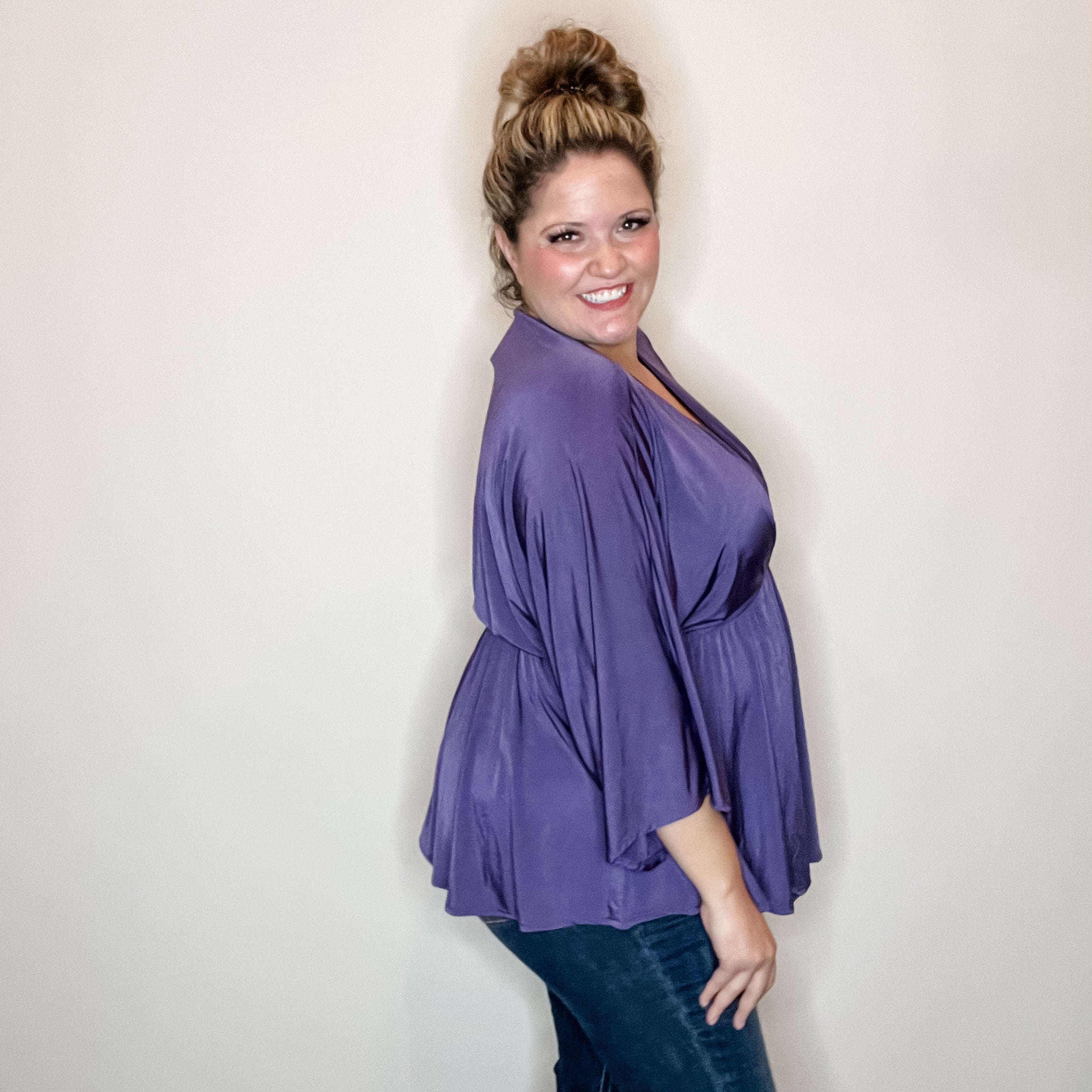 "Undertaking" 3/4 Sleeve V Neck with Elastic Empire Waist (Eggplant)-Lola Monroe Boutique