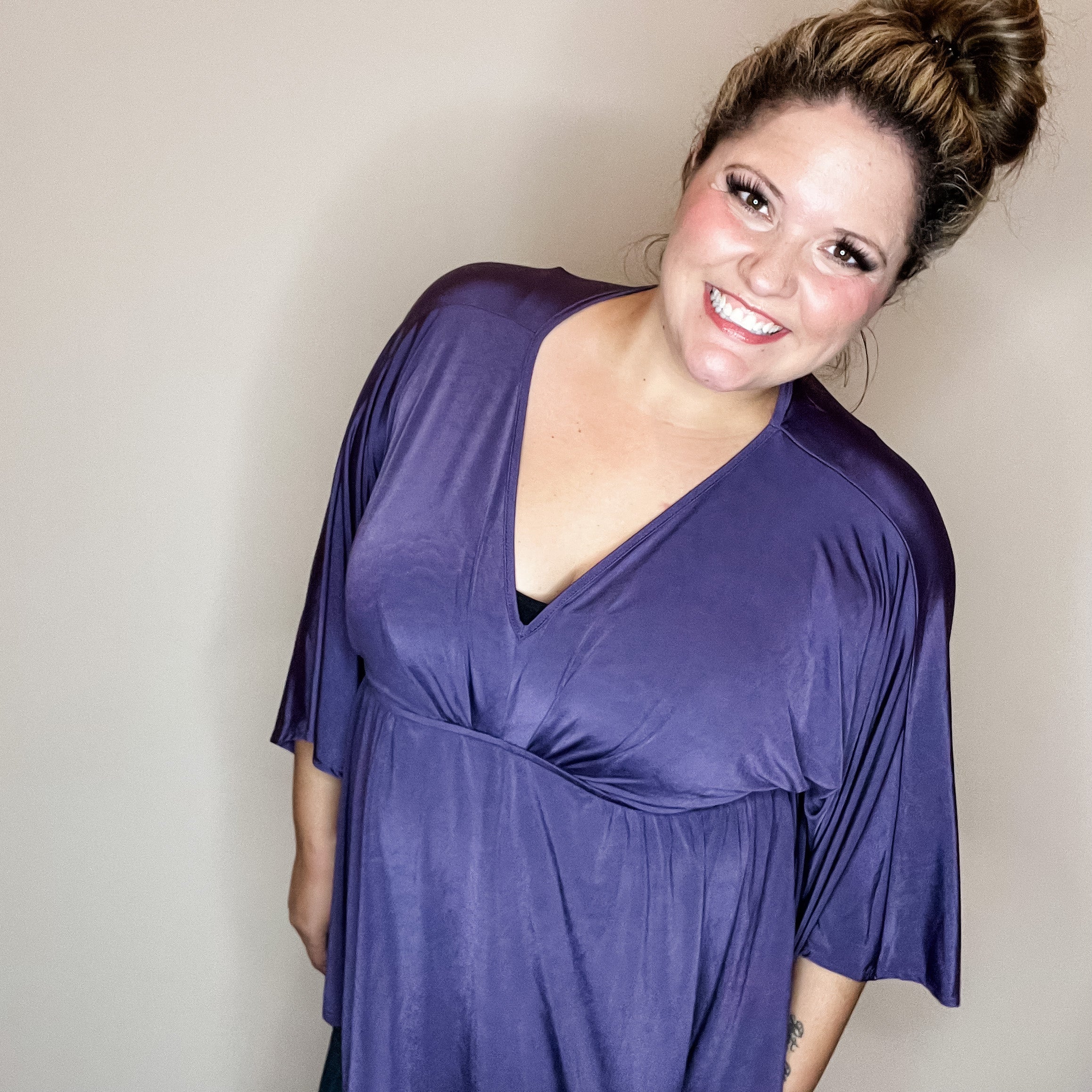 "Undertaking" 3/4 Sleeve V Neck with Elastic Empire Waist (Eggplant)-Lola Monroe Boutique