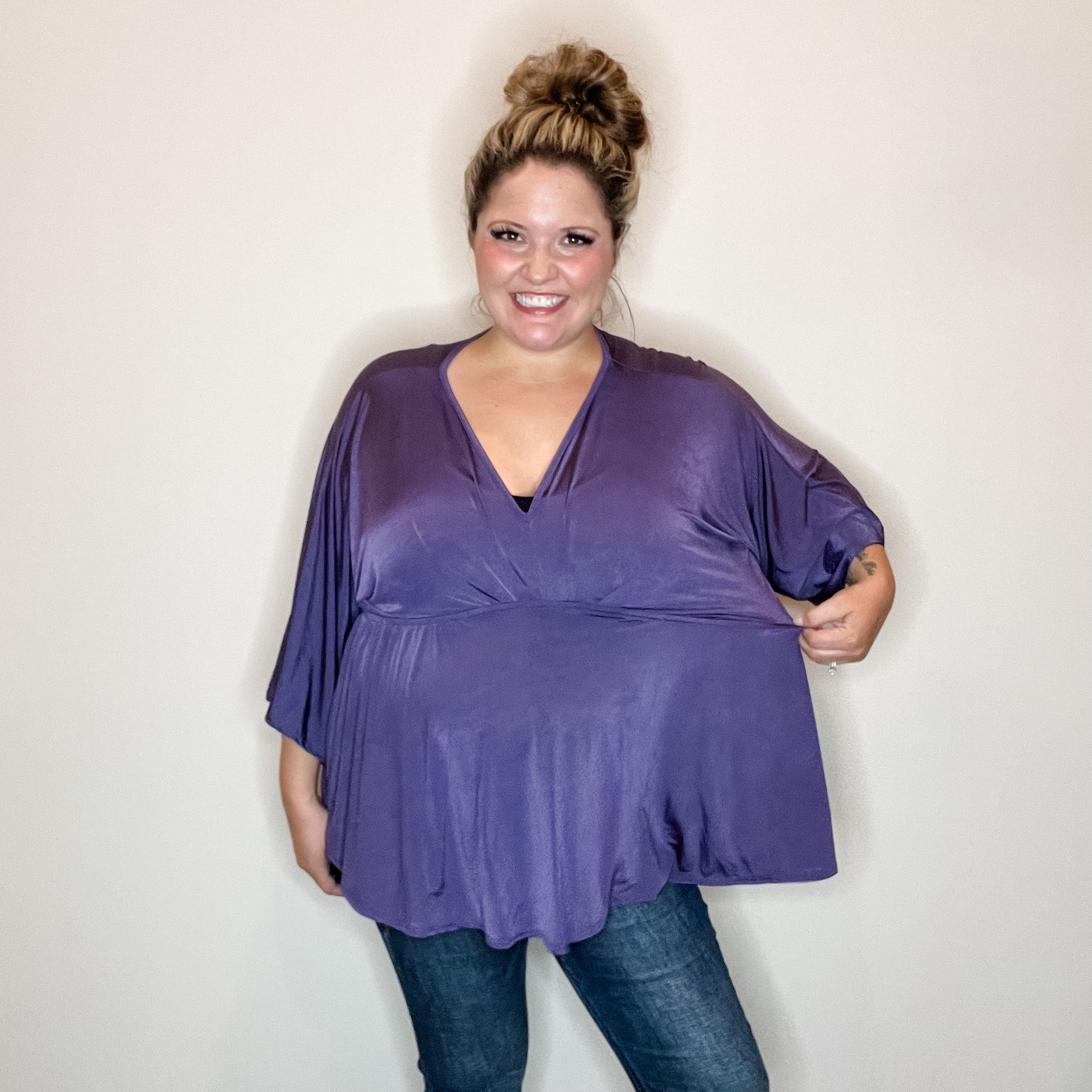 "Undertaking" 3/4 Sleeve V Neck with Elastic Empire Waist (Eggplant)-Lola Monroe Boutique