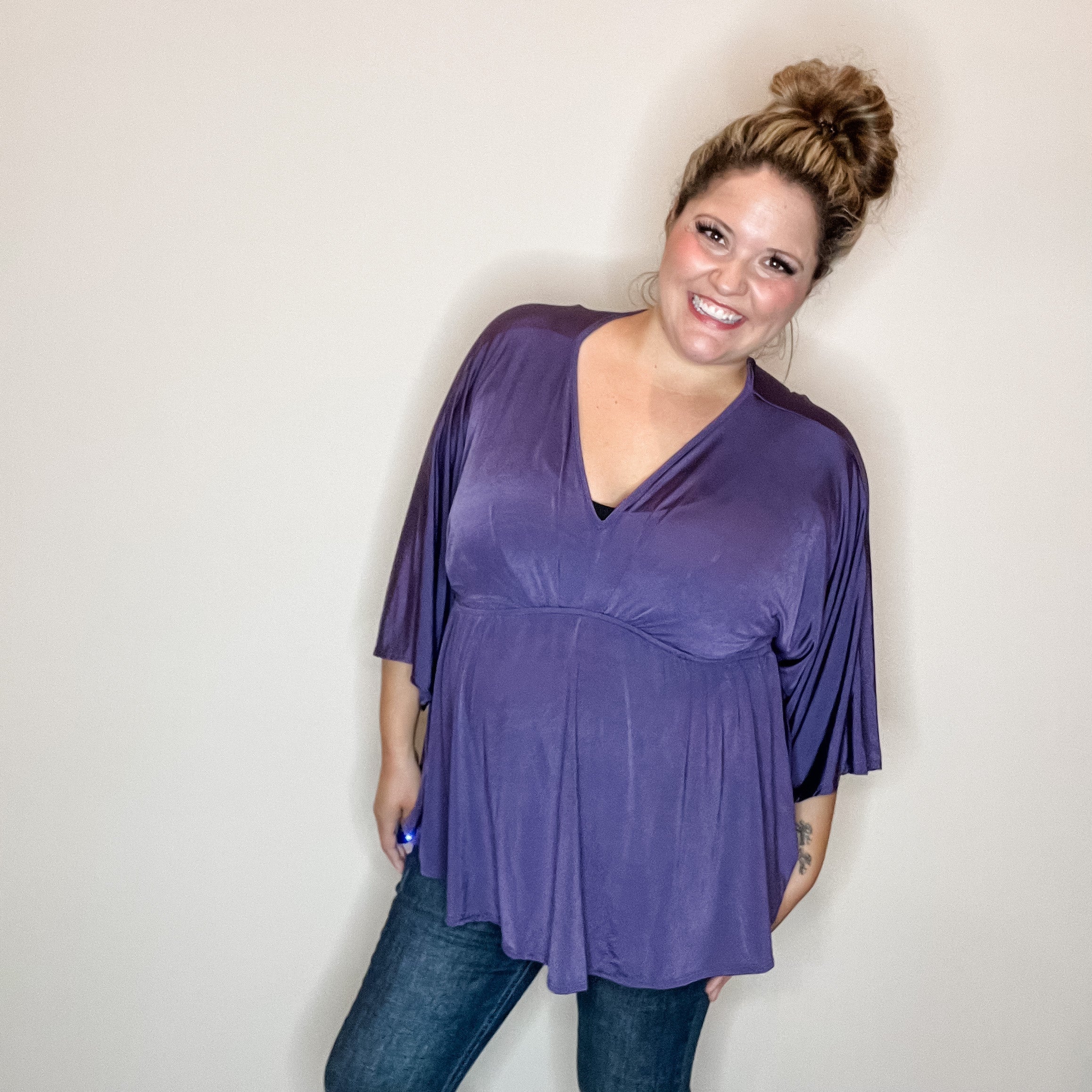 "Undertaking" 3/4 Sleeve V Neck with Elastic Empire Waist (Eggplant)-Lola Monroe Boutique