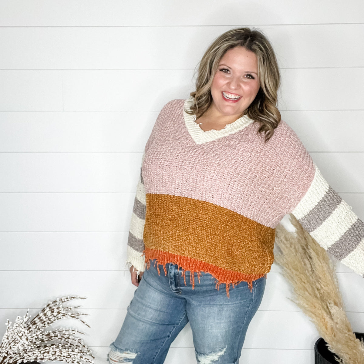 "Unraveled" V Neck Chenille Sweater