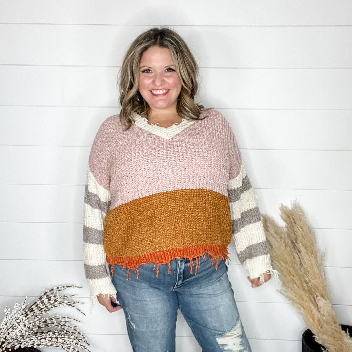 "Unraveled" V Neck Chenille Sweater