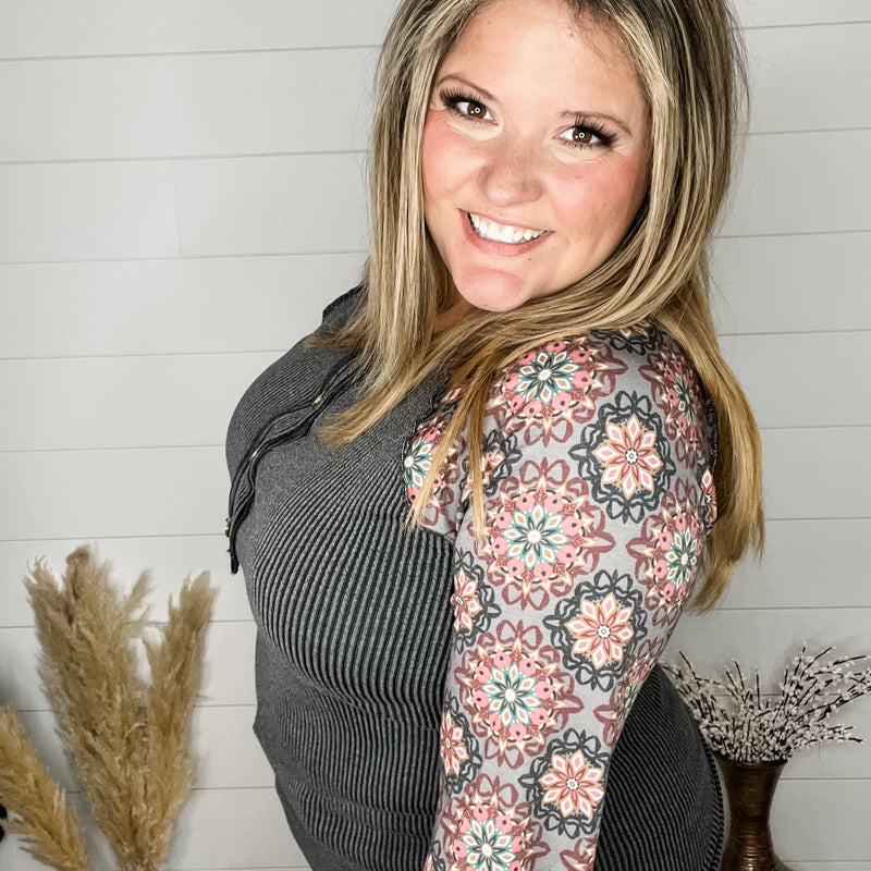 "Up To You" Ribbed Henley Style with Floral Long Sleeves (Charcoal)-Lola Monroe Boutique