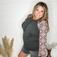 "Up To You" Ribbed Henley Style with Floral Long Sleeves (Charcoal)-Lola Monroe Boutique