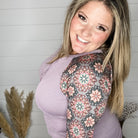 "Up To You" Ribbed Henley Style with Floral Long Sleeves (Lavender)-Lola Monroe Boutique