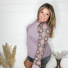 "Up To You" Ribbed Henley Style with Floral Long Sleeves (Lavender)-Lola Monroe Boutique