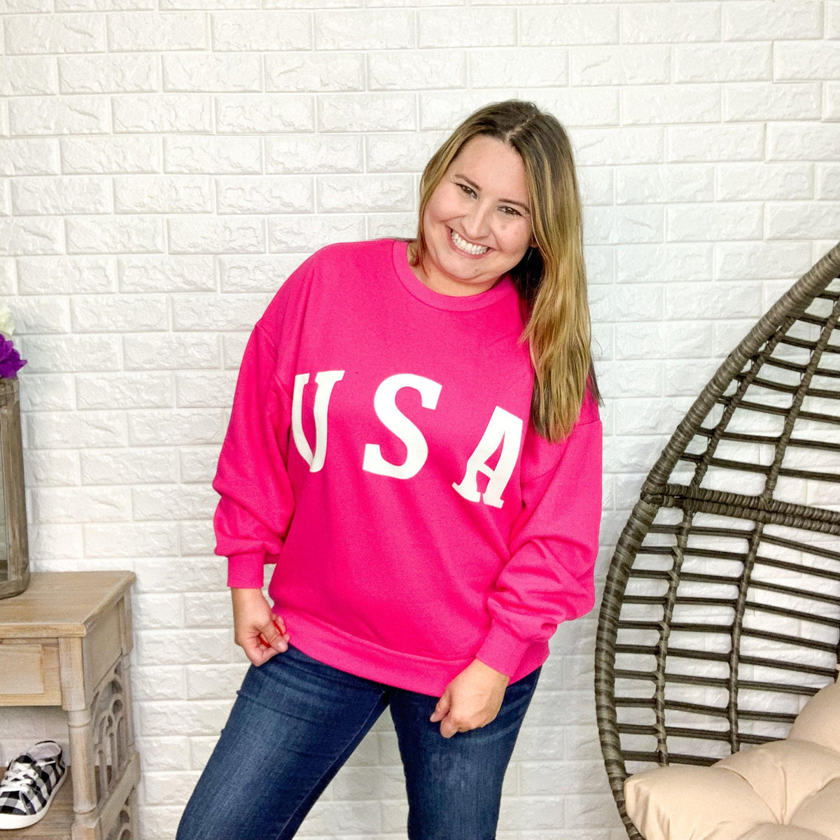 USA Sweatshirt (Hot Pink)-Lola Monroe Boutique