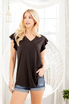 V Neck Ruffle Cap Tee (Black)-Lola Monroe Boutique