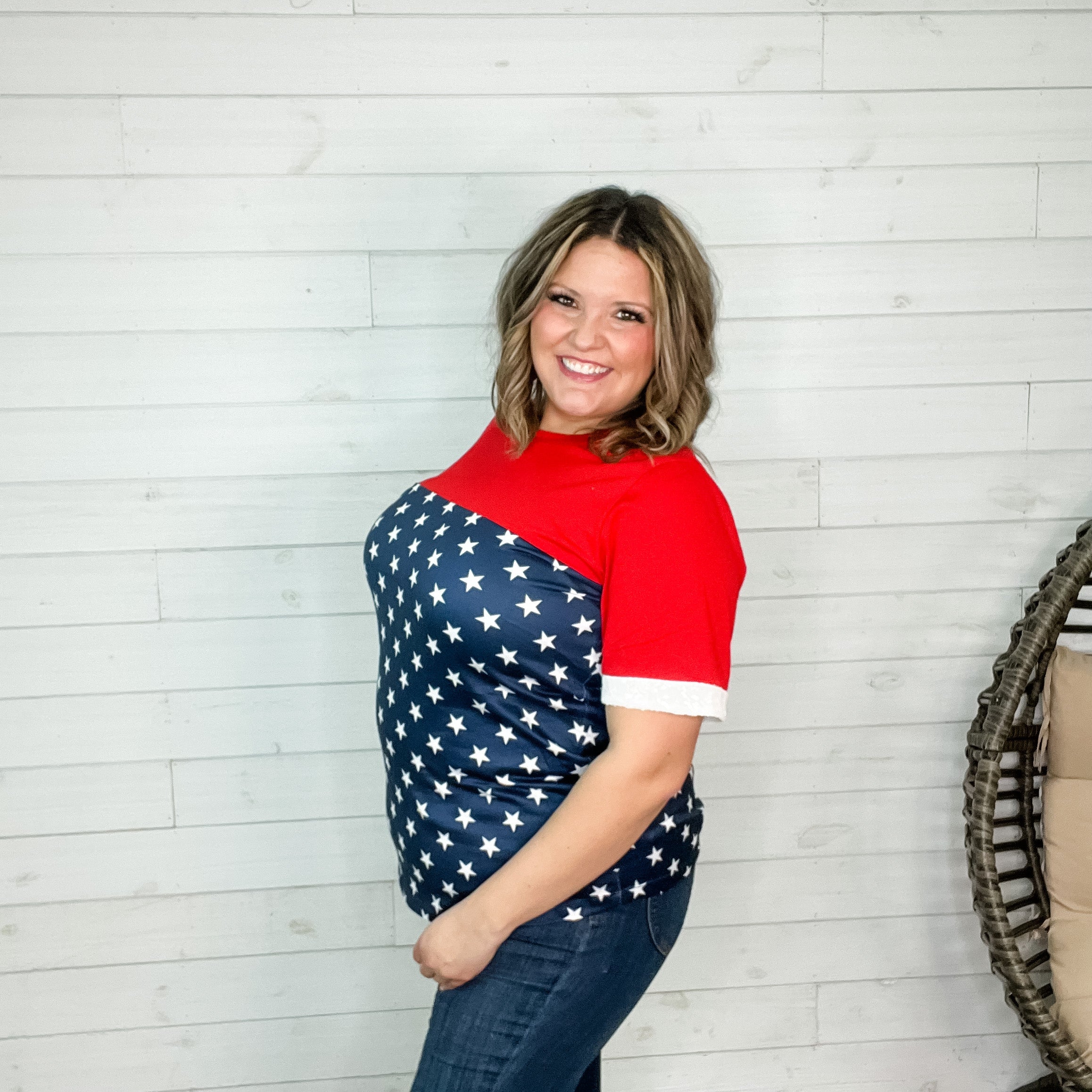 "Valor" Americana Boyfriend Tee with Sequined Cuff-Lola Monroe Boutique