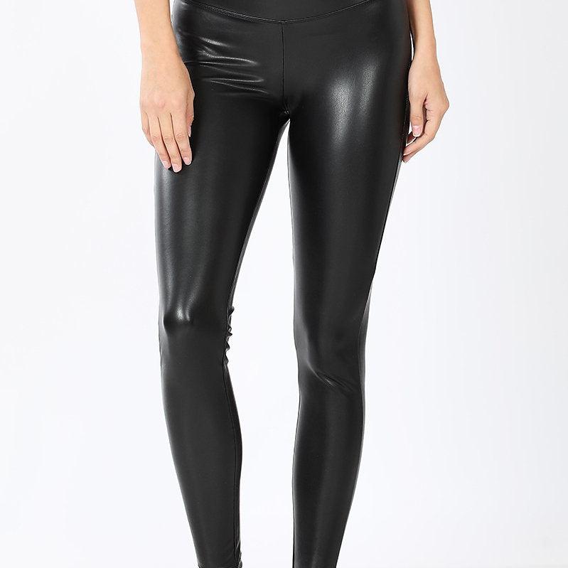 Vegan Leather "Date Night" Leggings with Wide Waist Band (Black)-Lola Monroe Boutique