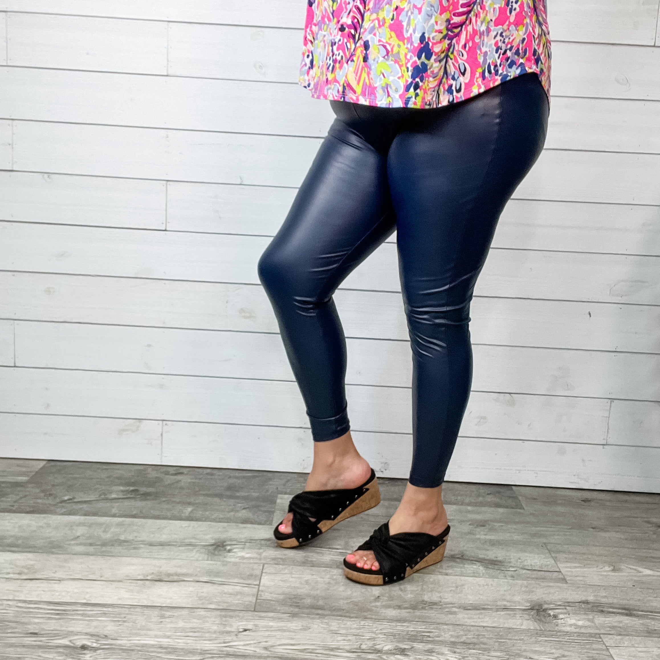 Vegan Leather "Date Night" Leggings with Wide Waist Band (Navy)-Lola Monroe Boutique