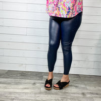 Vegan Leather "Date Night" Leggings with Wide Waist Band (Navy)-Lola Monroe Boutique