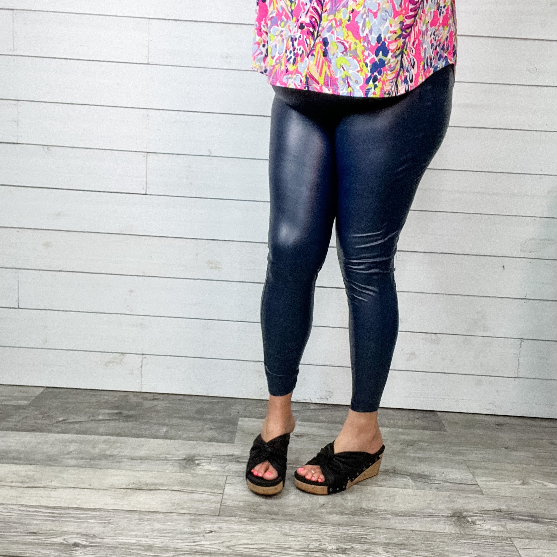 Vegan Leather "Date Night" Leggings with Wide Waist Band (Navy)-Lola Monroe Boutique