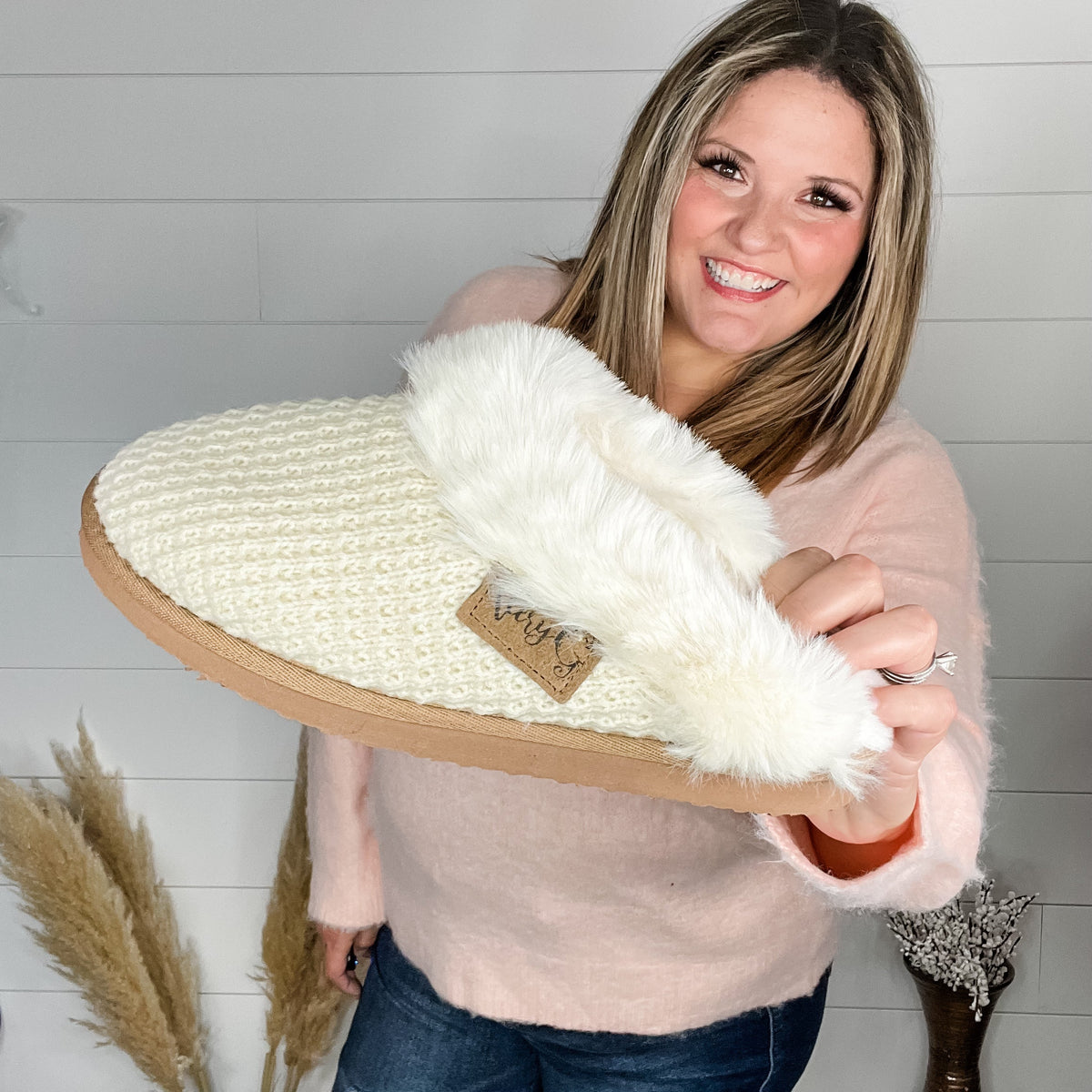 "Sweater" Open Back Fur Lined Slipper Shoe (Cream)-Lola Monroe Boutique